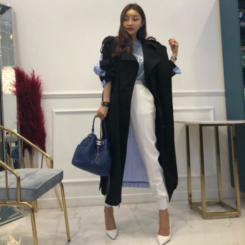 Lapel tie striped trench coat - ROUTINE FASHION